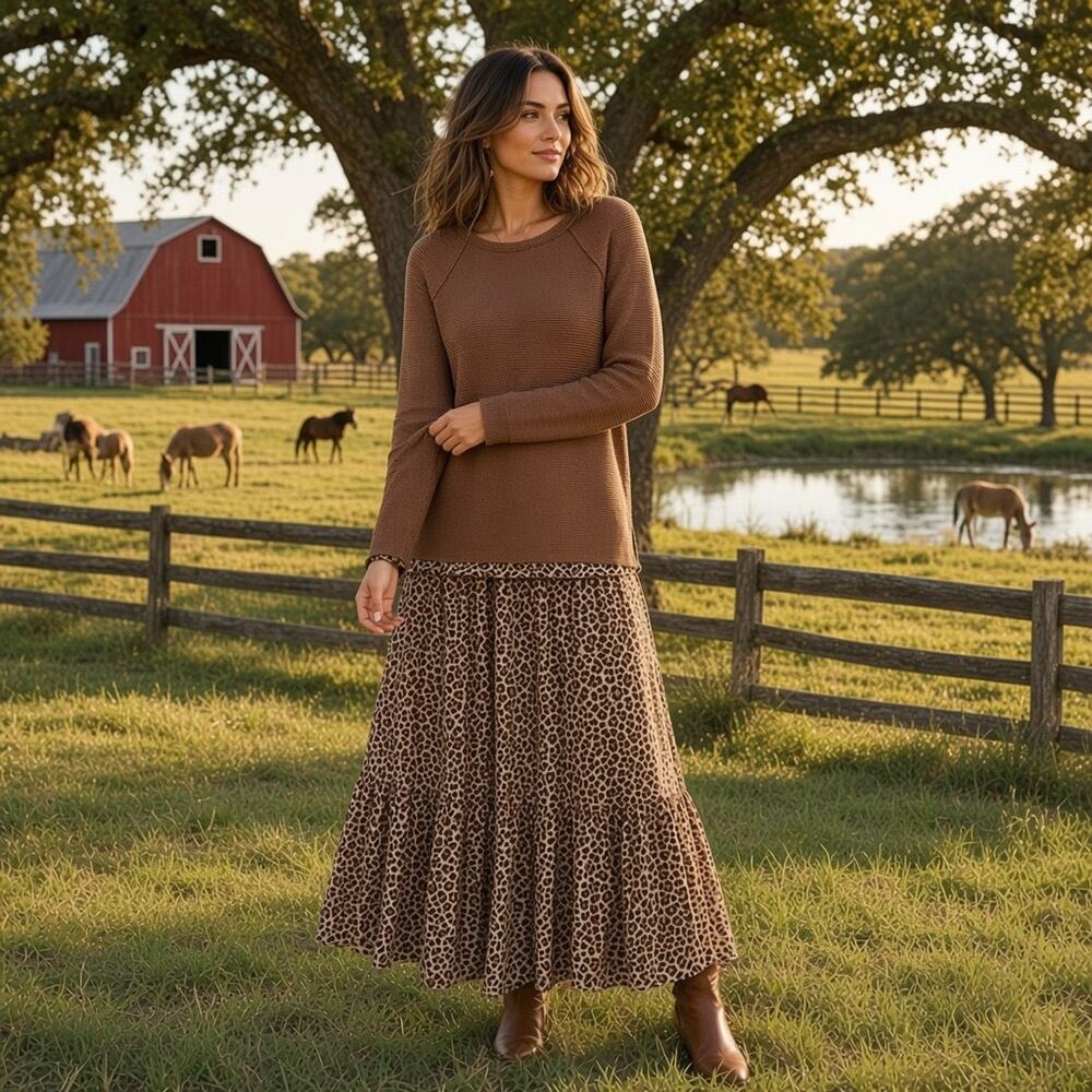 Gigio Chic Brown Knit Sweater Full Back Animal Leopard Print Accent Pullover M
